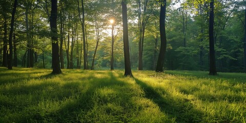 Wall Mural - pine tree forest with sunlight and moss ground, morning sunlit with green,