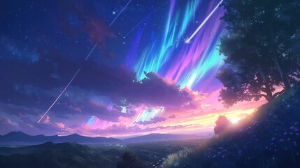 A beautiful night sky with a tree in the foreground. Anime background. Anime sky. Anime wallpaper