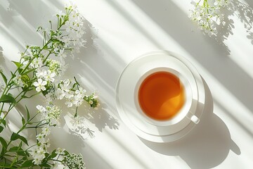 A Cup of green tea and white Jasmine flowers.Jasmine flowers in vase and two glass cups of green tea