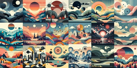 Bauhaus art style geometric landscapes. AI generated illustration