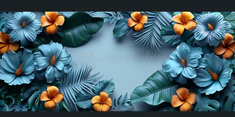 Wall Mural - Tropical Flowers, Palm Leaves, Beach Vibes, Floral Decoration, Colorful Wallpaper