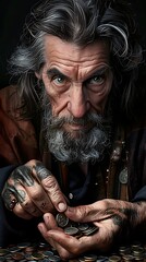 Wall Mural - Close-up of a medieval merchant counting coins, weathered hands and face, marketplace in background, oil painting style, taken with Panasonic lens, more clarity with clear light and sharp focus, high