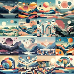 Bauhaus art style geometric landscapes. AI generated illustration