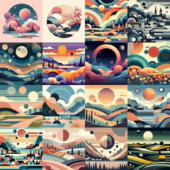 Bauhaus art style geometric landscapes. AI generated illustration