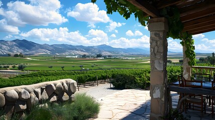 Wall Mural - A winery with a terrace overlooking the vineyards