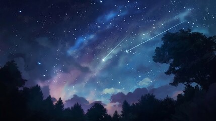 A starry night sky with a shooting star. Anime background. Anime sky. Anime wallpaper