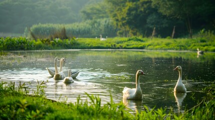 Wall Mural - Geese on a farm swimming in the pond