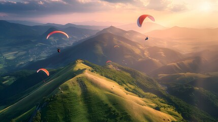 Canvas Print - A group of paragliders soaring over green hills picture