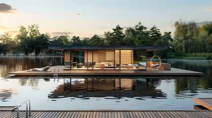 Sticker - House modern on the water with panoramic windows