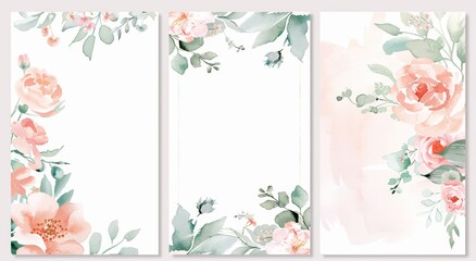 A set of three  greeting or wedding invitation cards with pink roses. Beautiful flower design. Floral illustration.