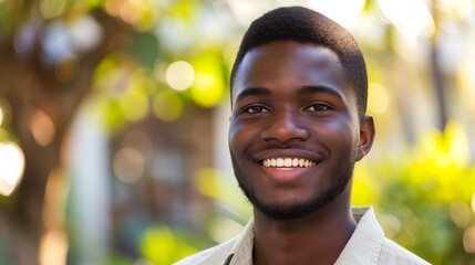 Canvas Print - Bright Outdoor Portrait of a Smiling African Man for Social Media Profile or Professional Use