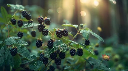 Canvas Print - Blackberries wild bushes with large black berries dense picture