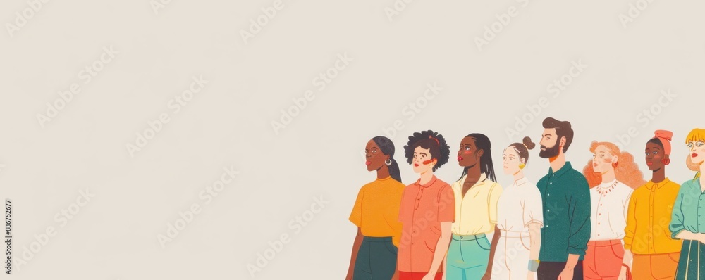 a diverse group of people standing in a row against a white, colorful ...