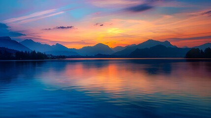 Poster - Sunset on the lake calm water reflects picture