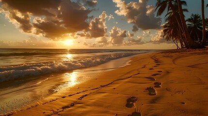 Sticker - Sunset view of the beach where coconut palms image