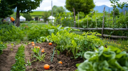 Sticker - Green garden with beds filled with organic vegetables picture