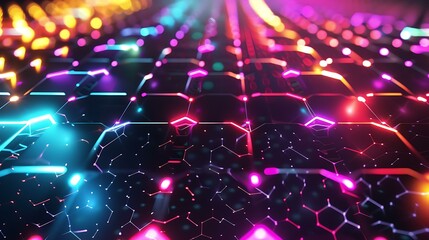 Wall Mural - A high-tech themed abstract backdrop with a grid of hexagons illuminated by bright neon lights in various colors