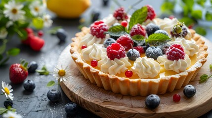 Sticker - Lemon tart on a wooden board decorated