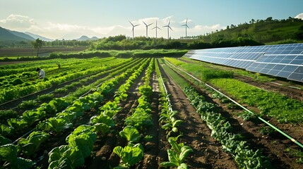 Wall Mural - An organic farm with rows of green fields picture