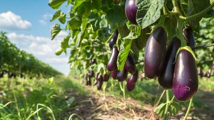 Wall Mural - Eggplant plantation in summer with plants hung img