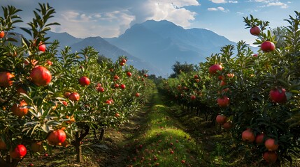 Sticker - Pomegranate plantation in autumn with trees strewn img