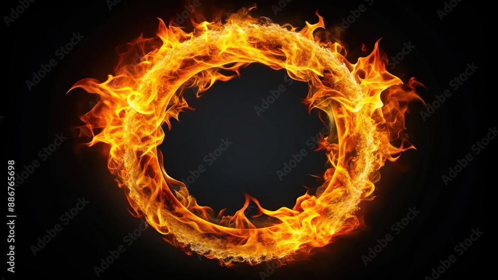 Vibrant orange and yellow flame ring ablaze on a dark black background ...