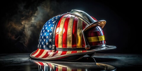 Shiny firefighting helmet with faded American flag reflection, symbolizing bravery and national pride, isolated on a dark background with ample copy space.