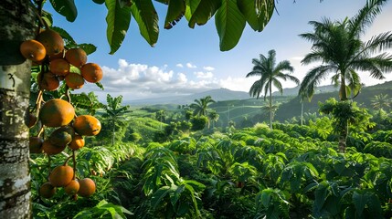 Wall Mural - Papaya plantation in a tropical climate with trees image