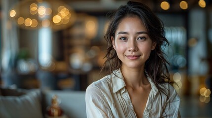 Wall Mural - Portrait of a young girl in a shirt. Cozy photo in living room. 