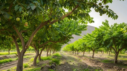 Sticker - Pistachio plantation with low trees covered with green picture