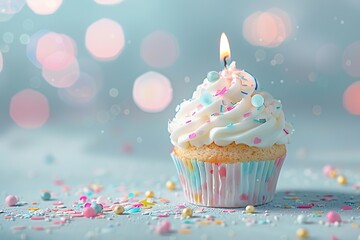 Beautiful cupcake with lit candle and colorful sprinkles