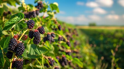 Wall Mural - Blackberry fields on a warm day with bushes img