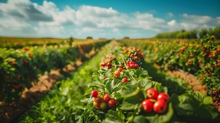 Wall Mural - Gooseberry fields on a warm day with bushes img