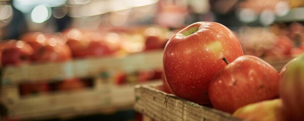 Wall Mural - Close-up of fresh apples in wooden crates at a farmers market. Vibrant red apples ready for sale. Healthy organic food.