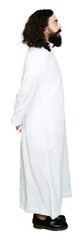 Sticker - Man wearing Jesus Christ costume looking to side, relax profile pose with natural face with confident smile.