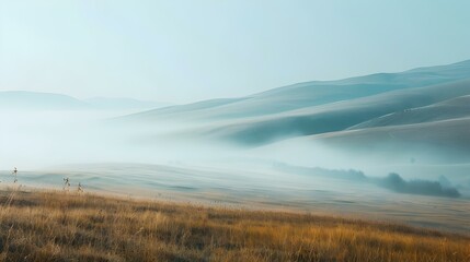 Wall Mural - A plain in the mountains shrouded in morning image