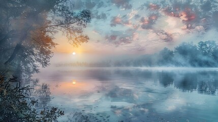 Poster - Dawn on the shore of the lake