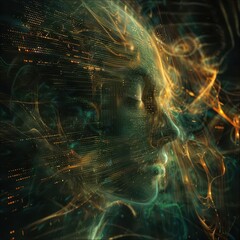 Wall Mural - ethereal ai entity emerging from swirling code luminous neural network patterns form facial features background transitions from binary to abstract data visualization