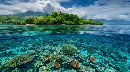 Canvas Print - Reefs in the turquoise ocean surrounding a small picture