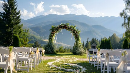 Poster - An outdoor wedding arch decorated with garlands picture