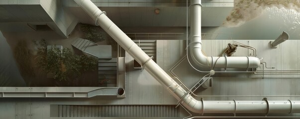 Overhead view of industrial pipes and machinery.