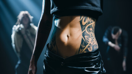 Poster - A woman with a tattoo on her stomach and another person in the background, AI