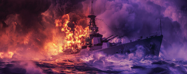 Wall Mural - A military ship on fire with bright flames and thick smoke, isolated on a dark purple background,