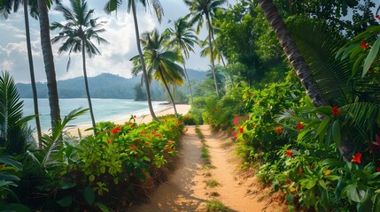 Sticker - A tropical grove with tall coconut trees growing img