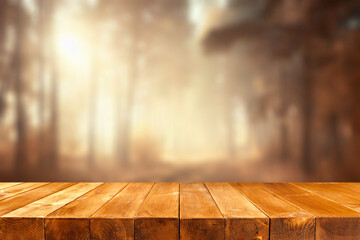 Sticker - Empty wooden table top with space for products.with blurred autumn sunlight in woods background.