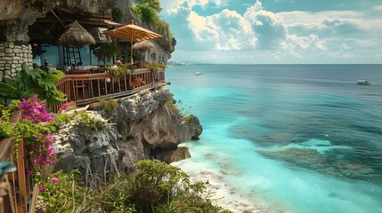 Poster - A tropical beach with a high cliff