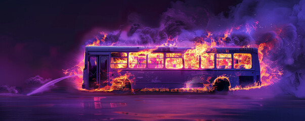 Wall Mural - A bus on fire, with flames and smoke billowing, isolated on a dark purple background. The intense
