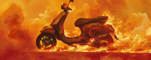 Wall Mural - A scooter on fire, with flames licking up the sides and dense smoke swirling around, isolated on a vibrant orange background. The fiery chaos is vividly captured, highlighting the intense heat and