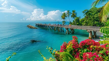 Wall Mural - Tropical shore with a long pier extending picture