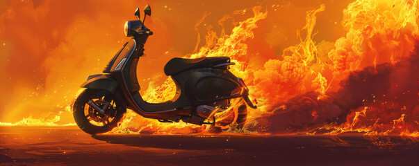 Wall Mural - A scooter on fire, with flames licking up the sides and dense smoke swirling around, isolated on a vibrant orange background. The fiery chaos is vividly captured, highlighting the intense heat and